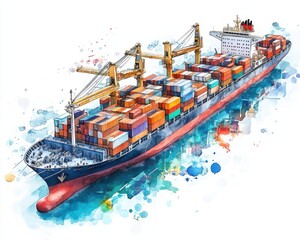 Colorful cargo ship in vibrant watercolors with shipping containers and cranes.