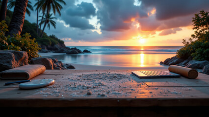 Obraz premium A serene beach setting at sunset with a wooden table featuring a wooden bowl filled with coconuts and sea shells on an idyllic summer Friday.