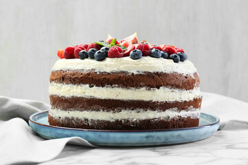 Delicious chocolate sponge cake with berries on white marble table
