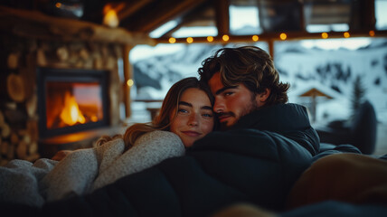 In a cozy cabin, a couple shares an intimate moment, gazing into each other's eyes with smiles. soft snow falls outside the window