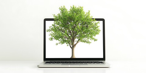 Obraz premium A blank-screen laptop on a white background, with a tree emoji growing from the screen, branches spreading in vibrant green hues.