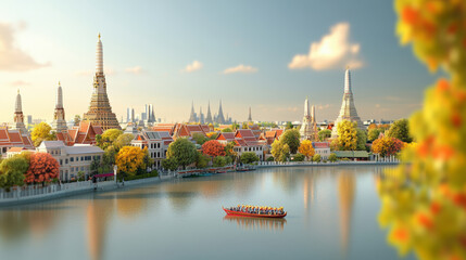 Fototapeta premium A serene riverside scene in Bangkok, showcasing traditional Thai architecture, vibrant trees, and a majestic temple under a bright sky with a boat gliding by.