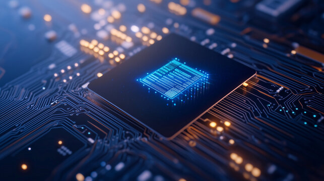 A digital lock in glowing blue encircles a credit card resting on a detailed circuit board, with lines of encrypted data traveling through the circuit, signifying secure online tra