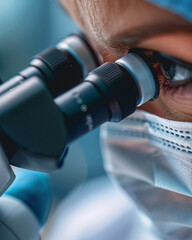 Researcher with mask examining sample with optical equipment