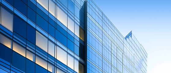 Obraz premium Tall building with a lot of windows and a blue sky in the background. The building is very modern and has a sleek design