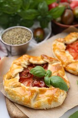 Tasty galettes with tomato and basil on white tiled table, closeup