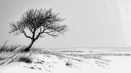 Fototapeta premium Tree stands alone in a field of grass. The sky is overcast and the tree is bare