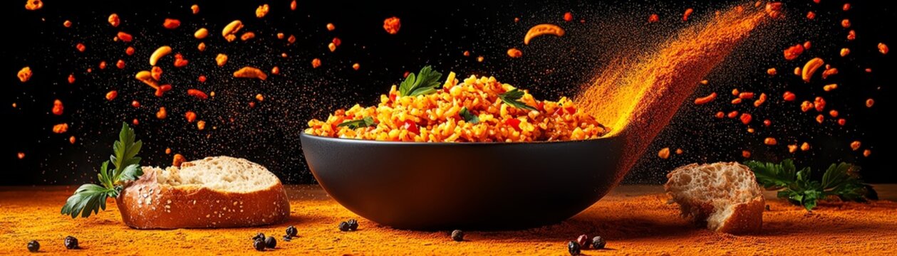 Turkish saksuka with fresh bread, vibrant spice markets alive with movement and color