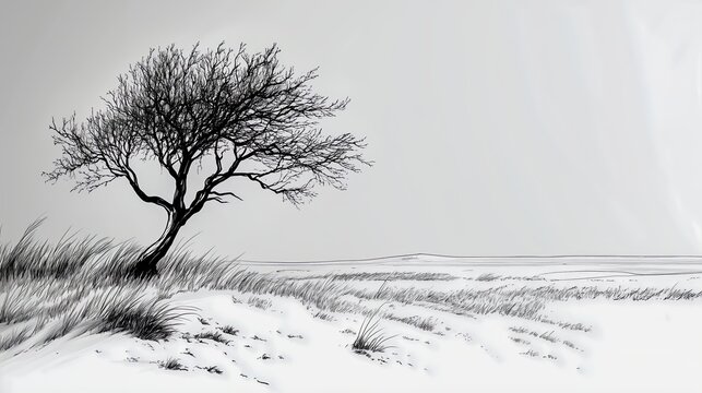 Tree stands alone in a field of grass. The sky is overcast and the tree is bare