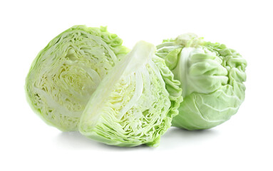 Whole and cut cabbages isolated on white