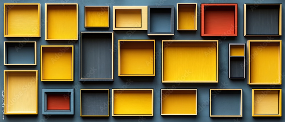 Poster wall of boxes with yellow and blue frames. the boxes are arranged in a way that creates a sense of d