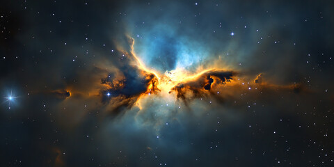 Naklejka premium A nebula in space, with blue and orange colors, a bright star at the center of it