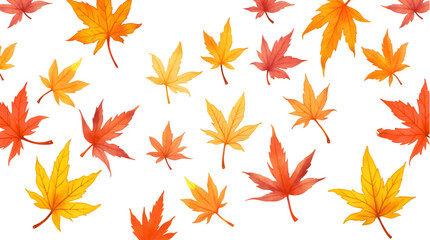 Colorful pattern featuring autumn maple leaves, showcasing shades of orange, yellow, and red on white. Perfect for seasonal designs, fall themes, and decoration during the autumn season.