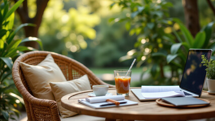 A serene outdoor workspace on a sunny day with a laptop and iced tea.