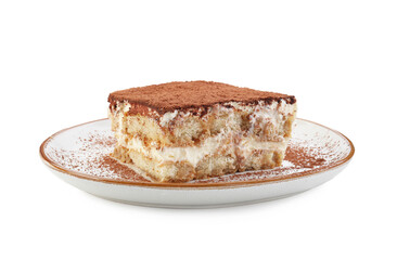 Piece of tasty tiramisu isolated on white