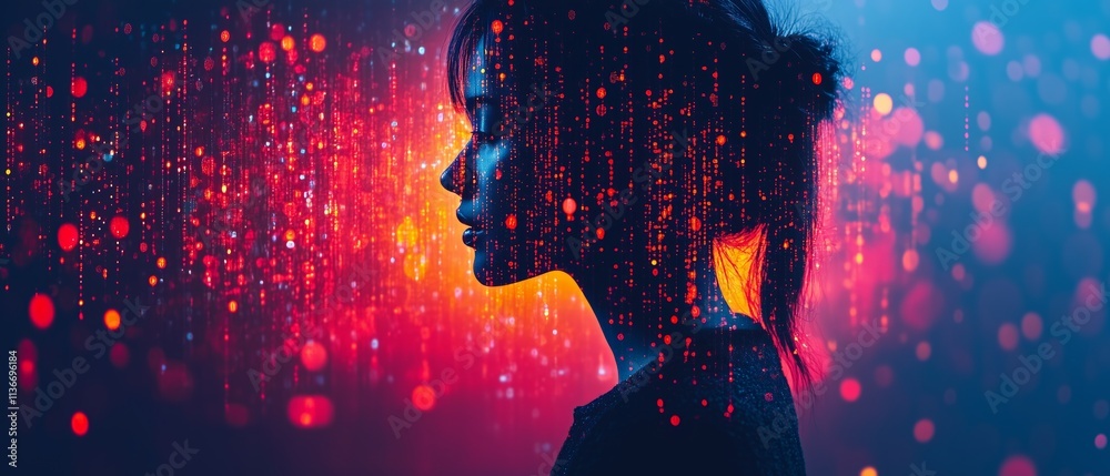 Poster woman's face is shown in a computer-generated image with a red background. the image is abstract and