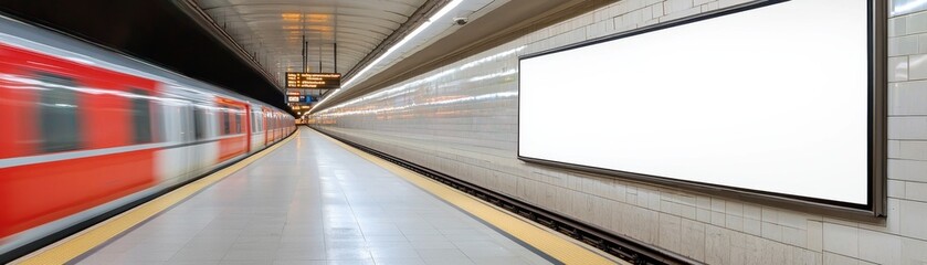 A motion-blurred subway train approaches a platform featuring a blank advertising space, emphasizing urban transit and advertising potential.