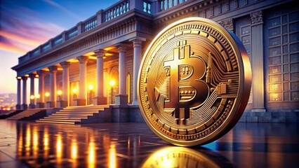 Fototapeta premium Vintage Physical Bitcoin Coin 3D Illustration Showcasing Cryptocurrency Money in an Architectural Setting with Modern Elements and Classic Design Features for Financial Themes