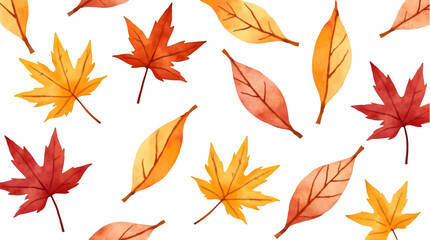 Fototapeta premium Colorful pattern featuring autumn maple leaves, showcasing shades of orange, yellow, and red on white. Perfect for seasonal designs, fall themes, and decoration during the autumn season.