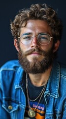 Obraz premium A portrait of a young man with curly hair and glasses, wearing a denim jacket.