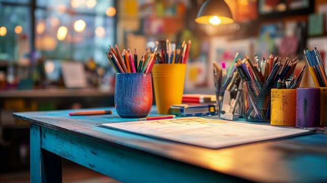 Creative workspace filled with natural light and design materials during the day