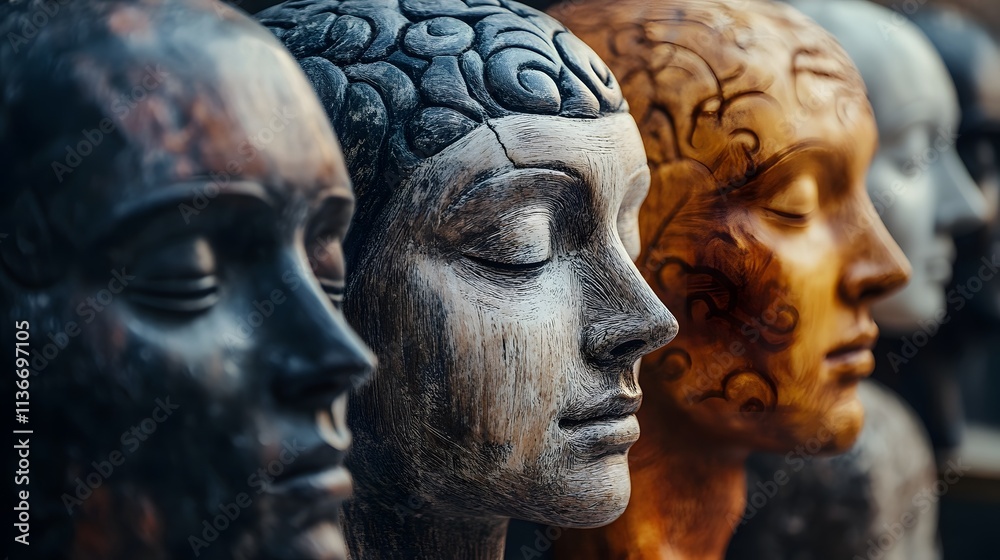 Poster Collection of Artistic Faceless Sculptures Showcasing Unique Textures and Patterns, Highlighting the Intricacies of Modern Aesthetic Design and Expression