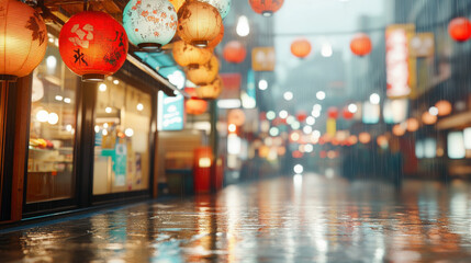 Naklejka premium A vibrant street scene features colorful lanterns and storefronts reflecting on a rainy pavement in an atmospheric, bustling city at night.