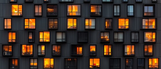 Building with many windows and a lot of light coming in. The windows are lit up and the building looks very modern