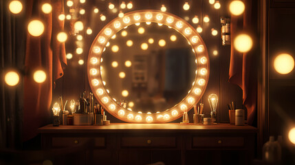 Obraz premium A beautiful mirrored room with a cluster of fairy lights surrounding a large mirror and a dressing table with soft glowing light bulbs, whimsical decor, cozy dressing room. Mirrored. Illustration