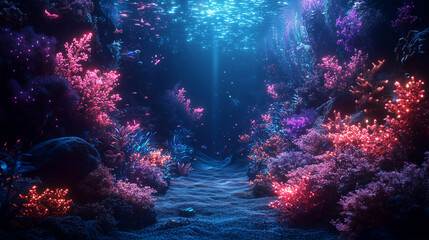 Colorful underwater realm filled with mythical creatures and vibrant coral reefs