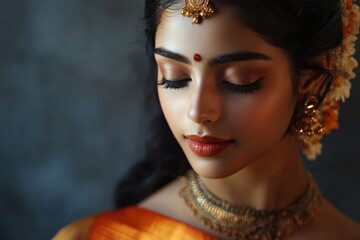 Fototapeta premium A female model in traditional cultural attire, serene expression, soft studio lighting, minimalistic background,