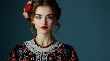 Fototapeta premium Studio shot of a proud Eastern European woman in a richly embroidered Vyshyvanka blouse, paired with a floral wreath and bead necklace, evoking cultural pride.
