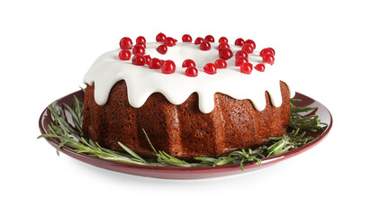 Tasty Christmas cake with red currants and rosemary isolated on white
