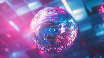 Fototapeta premium A disco ball with a mirrored surface and iridescent colors on a white background. Mirrored. Illustration
