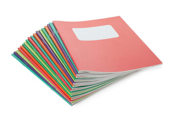 Stack of colorful copybooks isolated on white