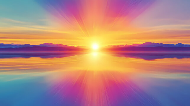 A luminous spectrum of vibrant, flowing lines, radiating from a central burst of light, mirrored in a serene reflection, evokes a sense of cosmic energy and the dance of light. Mirrored. Illustration