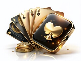 Vintage Style 3D Golden Black Poker Card Ace Set for Online Gambling, Luxury Casino Emblem and Shiny Hearts Jewellery Symbol Isolated on White Background
