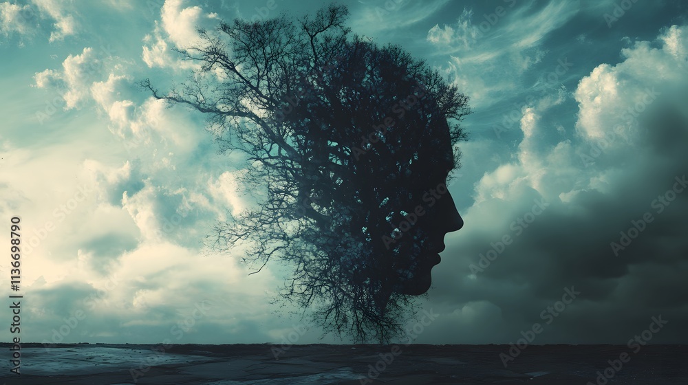 Poster ethereal blend of nature and human form featuring a tree emanating from a silhouette of a face again