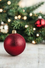 Fototapeta premium A glittering red Christmas ornament hangs in front of a decorated tree, with soft lights creating a warm, festive atmosphere.