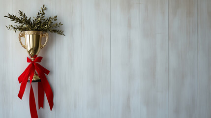 A gleaming golden champion trophy adorned with an intricate laurel wreath and a flowing red ribbon, standing elegantly on a pristine white wood background, symbolizing ultimate ach