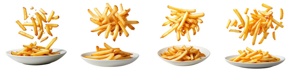 A Set of Freshly Cooked French Fries Floating Above the Plate, Isolated on Transparent Background