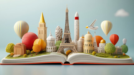 An open book with miniature landmarks, hot air balloons, and trees, depicting a whimsical journey through world travel and exploration.