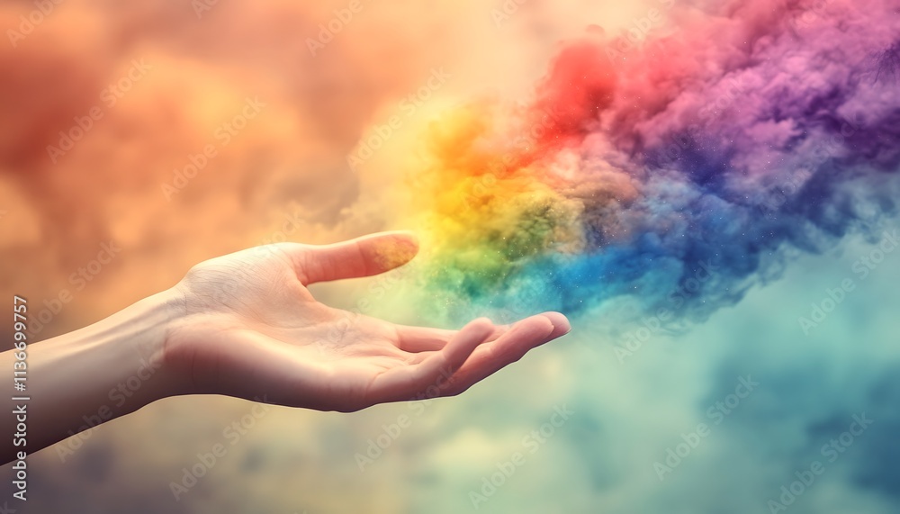 Poster colorful smoke and hand artistic representation of creativity, imagination, and expression in a vibr