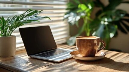 Desk workspace with laptop and coffee surrounded by plants in bright natural light
