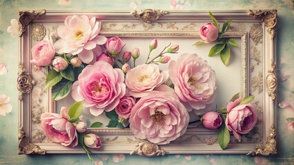Vintage Style Close-Up of Pink Flowers Framed Isolated on White Background, Perfect for Nature Lovers and Floral Decor Enthusiasts, Evoking a Timeless Elegance in Photography