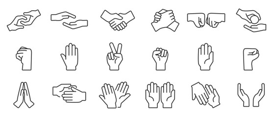 Hand gesture linear icon set. Palm indicates fist, handshake, peace and love. Hand icon set. Contains gestures, collection of vector icons in line form isolated on transparent background. Editable 