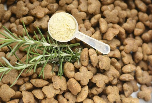 Alecrim e suplemento vitam&iacute;nico em p&oacute; misturado na ra&ccedil;&atilde;o do cachorro para melhorar a alimenta&ccedil;&atilde;o.