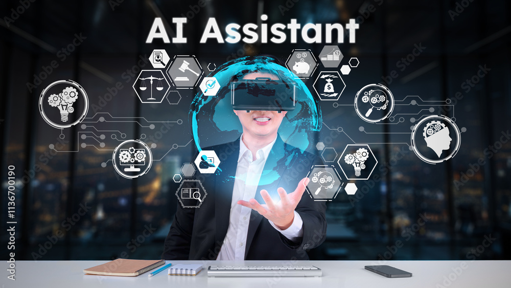 Poster business man with goggles working while using ai technology. project manager with formal suit checki