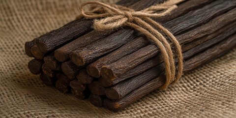  Dark glossy vanilla sticks tied with twine, wrinkled texture and brown tones emphasized against soft burlap fabric.