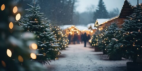  festive winter market lined with snow-covered Christmas trees and twinkling lights creates a magical, holiday-filled atmosphere.